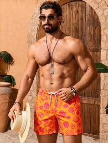 Azuldrift Men's Shell Print Drawstring Waist Beach Shorts, Burnt Orange Summer Casual Holiday Vacation Hawaii Tropical Swim Bathing Couple's Date - Orange - View 7