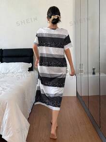 SHEIN 女士休闲条纹短袖睡裙，圆领，夏季，宽松睡衣 - 黑與白 - 查看 2