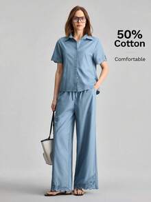 Ontre 2026 Women's Wide Leg Pants, Dusty Blue Autumn Boho Casual Loose Fit Solid Trousers, Hollow Embroidery Design Elastic Waist Vacation Elegant Chic - Blue - View 4