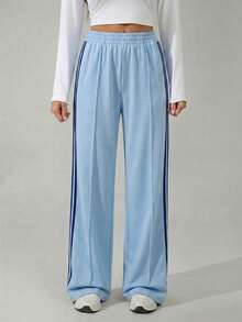 SHEIN Tall Women's Elastic Waist Side Stripe Wide Leg Loose Casual Sweatpants,Back To School, Tall Women - Blue - View 4