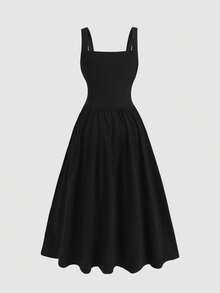 SHEIN Teen Girls' Black Solid Color Knit Minimalist Elegant Versatile Ruched Bust Cinched Waist Mid-Length Dress - Black - View 2