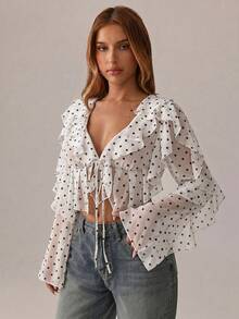 Radiana Women's White Polka Dot Ruffled Crop Top Tie Front V Neck Long Sleeve Blouse - Black and White - View 6