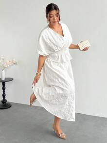 Firerie Plus Size Solid V-Neck Short Sleeve Top And Skirt 2-Piece Set, Elegant White Two Piece For Women Wedding Vacation Bride Guest Brunch Party Summer - Apricot - View 8