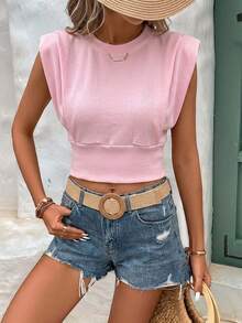 Women's Casual Pink Color Padded Cropped Tank Top - Pink - View 1