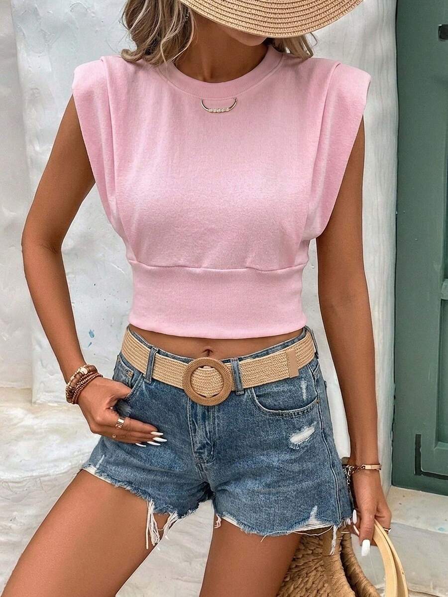 Women's Casual Pink Color Padded Cropped Tank Top - Pink - View 1