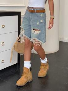 SHEIN Shorts vaqueros desgastados y lavados para adolescentes - Azul lavado medio - Ver 3