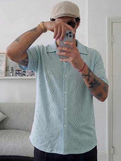 HUEFORM Top Casual Vintage de Resort Masculina, Leve, Texturizada, Vazada, Jacquard, Solta para Uso Diário