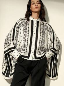Frievida Commuting Retro Color Block Positioning Print Design Long Sleeve Loose Blouse With Vacation Vibe - Multicolor - View 3