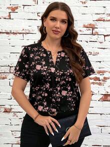 SHEIN Clasi Plus Size V-Neck Short Sleeve Ditsy Floral Summer Shirt - Pink - View 6