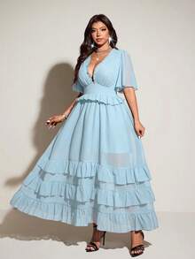 Viva Relle Spring, Summer, Fall New Vacation Elegant Chiffon Design V-Neck Ruffle Sleeve Irregular Hem Dress, Waist Cinched Flared Skirt Princess Sundress - Blue - View 8