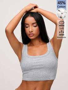 SHEIN BASICS 女款素色時尚百搭圓領短版休閒背心上衣夏季服飾 - 灰色 - 查看 3