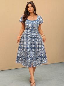 Elaquor Vestido casual de vacaciones con estampado floral pequeño para tallas grandes - Multicolor - Ver 3