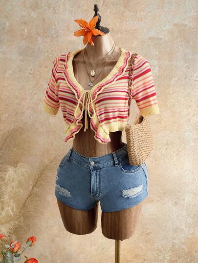 Glamine Elegant Vacation Multi-Color Ruffled Tie-Up Sexy Vacation/Party/Beach Women Knit Cardigan, Spring/Summer,Holiday Outfits For Women,Summer Holiday Outfits ,Multicolor Striped Top
