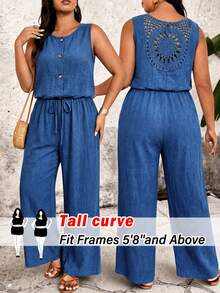 SHEIN Tall CURVE Plus Size Solid Color Round Neck Backless Lace Sleeveless Elastic Waist Jumpsuit With Buttons Vacation Navy Blue Summer Casual Alternative - Blue - View 1