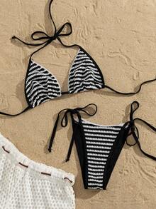 Bonvoyette Nuevo conjunto de bikini de verano de 2 piezas para mujer, de estilo elegante y vintage, con tela a rayas en blanco y negro, textura, adornos de encaje lujosos, tirantes ajustables, adecuado para vacaciones en la playa, fiestas en la piscina, festivales de música y resorts tropicales - Blanco y Negro - Ver 3