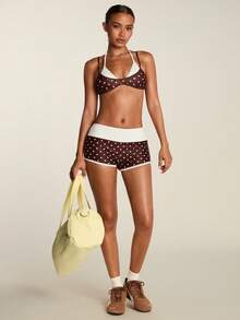 SHEIN BAE Bộ đồ thể thao 2 trong 1 gợi cảm cổ yếm in họa tiết dành cho nữ. - Đen và trắng - Xem 3
