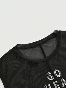Betty Boop | ROMWE Camiseta de mujer de talla grande con malla de strass - Negro - Ver 4