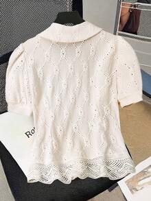 GlowEve 女款夏季休閒純色網格彼得潘領前開扣短袖襯衫 - 杏色 - 查看 2