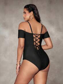 Shapewave Traje de baño de una pieza con hombros descubiertos de unicolor para mujer - Negro - Ver 6