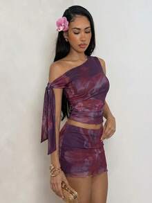 Glamine Plus Size Women Floral Print Ruched Asymmetrical Shoulder Top And Mini Skirt Casual Vacation 2-Piece Set - Purple - View 3