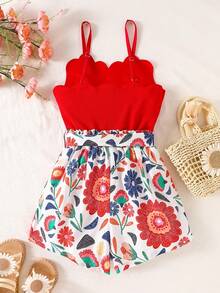 SHEIN Tween Girls' Fashionable Shell Trim Printed Jumpsuit, Summer - Red - View 2