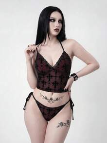 ROMWE Bộ đồ bơi 2 mảnh áo camisole ren gothic hình chữ thập & bikini 26SS, hàng mới về cho nữ Xuân/Hè 2026, phù hợp đi học, kỳ nghỉ, hẹn hò, trà chiều, phong cách Western, du thuyền, bãi biển, đảo, road trip, quanh năm, lễ hội âm nhạc, kỳ nghỉ Boho, kỳ nghỉ Bohemian, mùa thu chill, Western Boho, áo top thanh lịch cho nữ - Nhiều màu - Xem 4