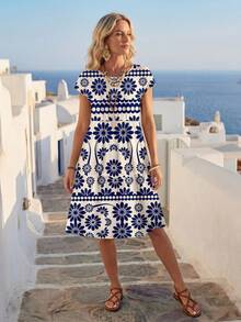 EMERY ROSE Casual Loose Round Neck Short Sleeve Midi Dress For Women, Suitable For Summer Spring,Casual - Multicolor - View 6
