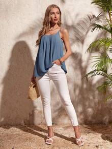 SHEIN Clasi Dusty Blue Summer Casual Brunch Plicated Detail Cami Top,Elegant Social Blouse For Women,Spring Beach Festival Vacation Office & Country Outfits - Dusty Blue - View 7