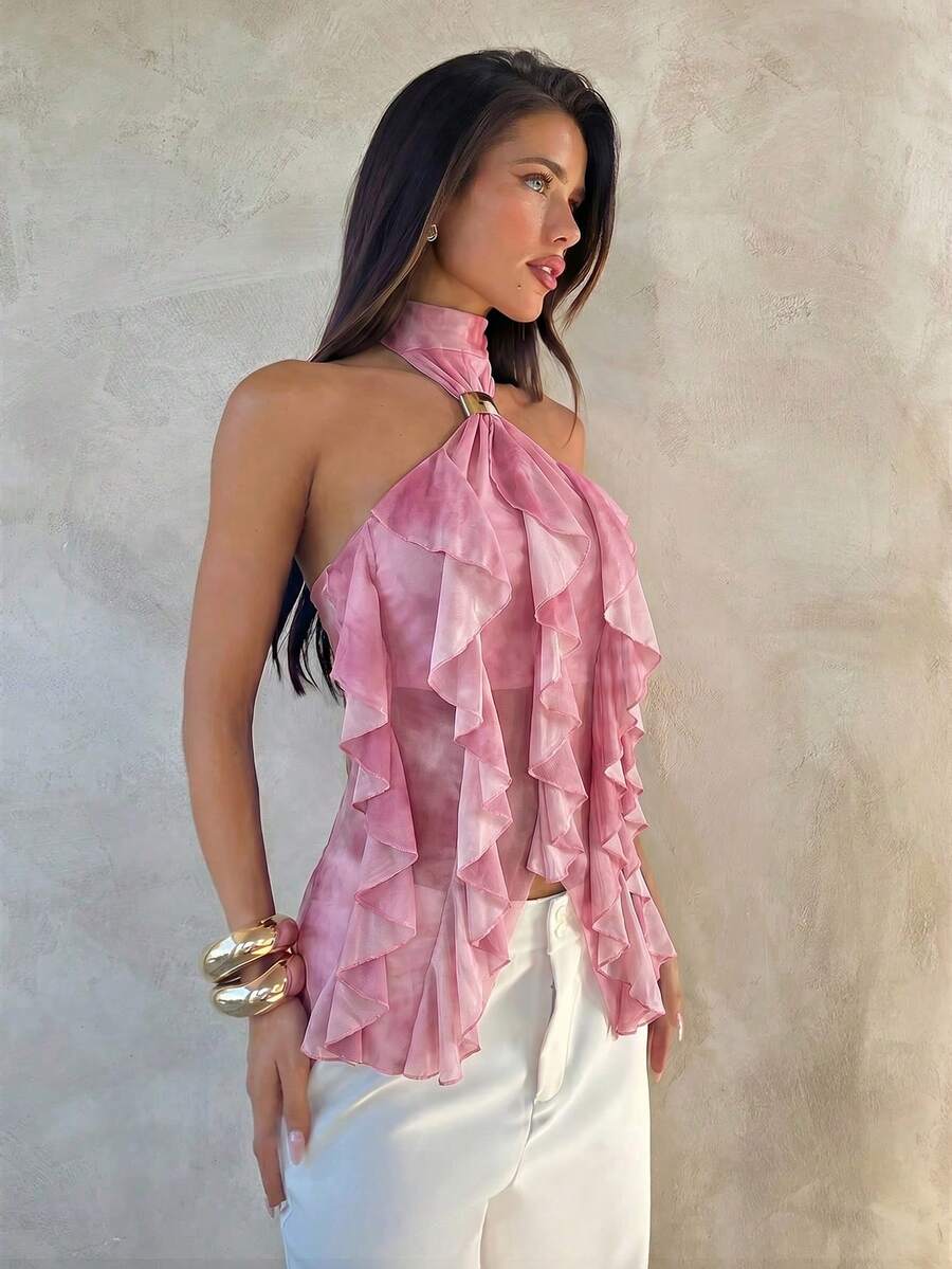 Aloruh Women's Elegant Multi-Layer Ruffle Trim Stand Collar Fitted Tank Top,Summer Top - Pink - View 1