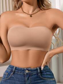 SHEIN 1pc Women Solid Color Wireless Bandeau Bra, Suitable For Daily Wear - Dusty Pink - View 7