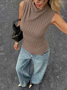 Siren Gaze Women's Striped Print Ruched Asymmetric Hem Camisole - Camel - View 8