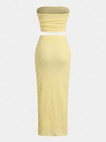 SHEIN Bộ đồ 2 món cho bé gái tuổi teen: áo tank top và chân váy lửng in hoa màu hồng, kiểu dáng ôm sát, thanh lịch và thoải mái. - Màu vàng - Xem 3