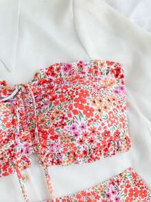 Swim Vcay Women's Summer Beach Vacation New Cute Strapless Floral Ruffled Ditsy Floral Bikini Set Set With Delicate Pearl Pendant And Drawstring Tie - Multicolor - View 4