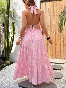 Sunnyshic Solid Color Sexy Minimalist Vacation Style Halter Neck Loose Long Skirt Elegant 2-Piece Set - Pink - View 2