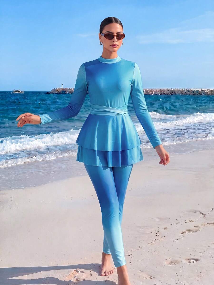 Veilorie Women's Gradient Long Sleeve Modest Middle Eastern Style Burkini Swimsuit Set, Summer - Blue - View 1
