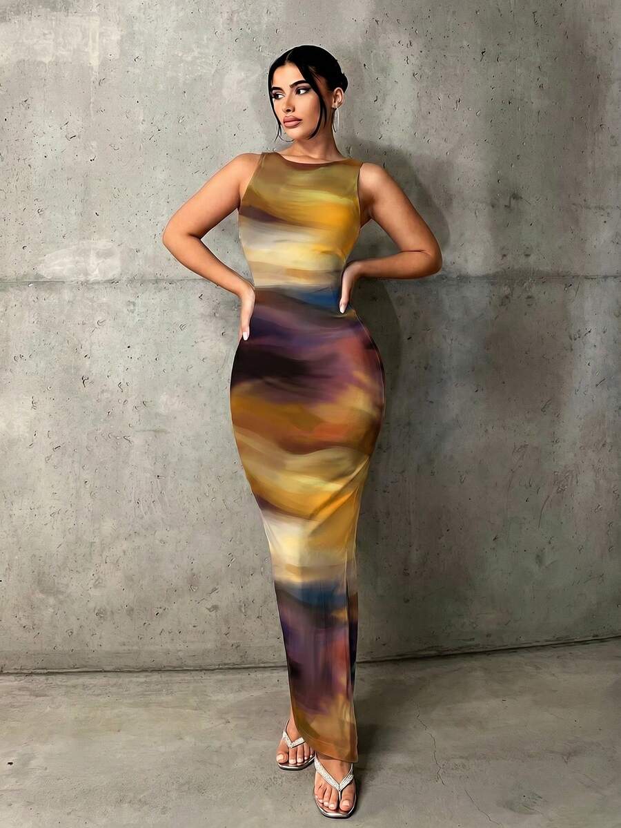SHEIN ICON 扎染印花修身长裙 - 彩色 - 查看 1