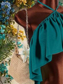 Amplova Bộ đồ hai mảnh bằng vải chiffon dành cho nữ: Áo quây hở lưng với vạt áo bất đối xứng và bèo nhún hai lớp, kết hợp với chân váy ngắn, gợi cảm và phá cách, thích hợp cho kỳ nghỉ. - Màu xanh lá cây đậm - Xem 10