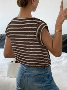 Siren Gaze Women's Brown Striped Stripe Stripe Stripe Stripe Print Round Neck Short Sleeve T-Shirt,Summer Topworld Cup Brunch Casual French Brunch Brunch Brunch - Brown - View 2