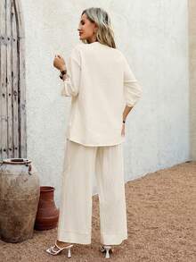 EMERY ROSE Women's Casual Solid Color Notched Neck Loose Top And Wide Leg Pants 2 Pieces Set,Summer Outfits For Women - Beige - View 2