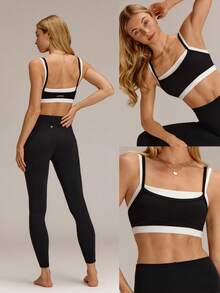 GLOWMODE FeatherFit™ 2-In-1 Removable Padding Mock 2 Piece Design Colorblock Sports Bra With Removable Anti-Slip Cups Yoga Pilates Studio Daily Wear - Black - View 8
