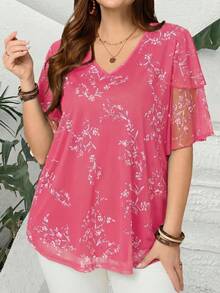 EMERY ROSE Plus Size Women V Neck Short Sleeve Floral Print Ruffle Tunic Blouse,Summer Outfits For Holiday,Vacation Women,Simple And Fashionable Everyday Wear - Hot Pink - View 6
