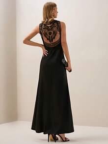 Briarwyn Summer Women's Satin Solid Color Backless Embroidered Lace Hollow Design Slip Dress, Beach Date Night Dress, Wedding Guest Dress, Elegant Dresses - Black - View 3