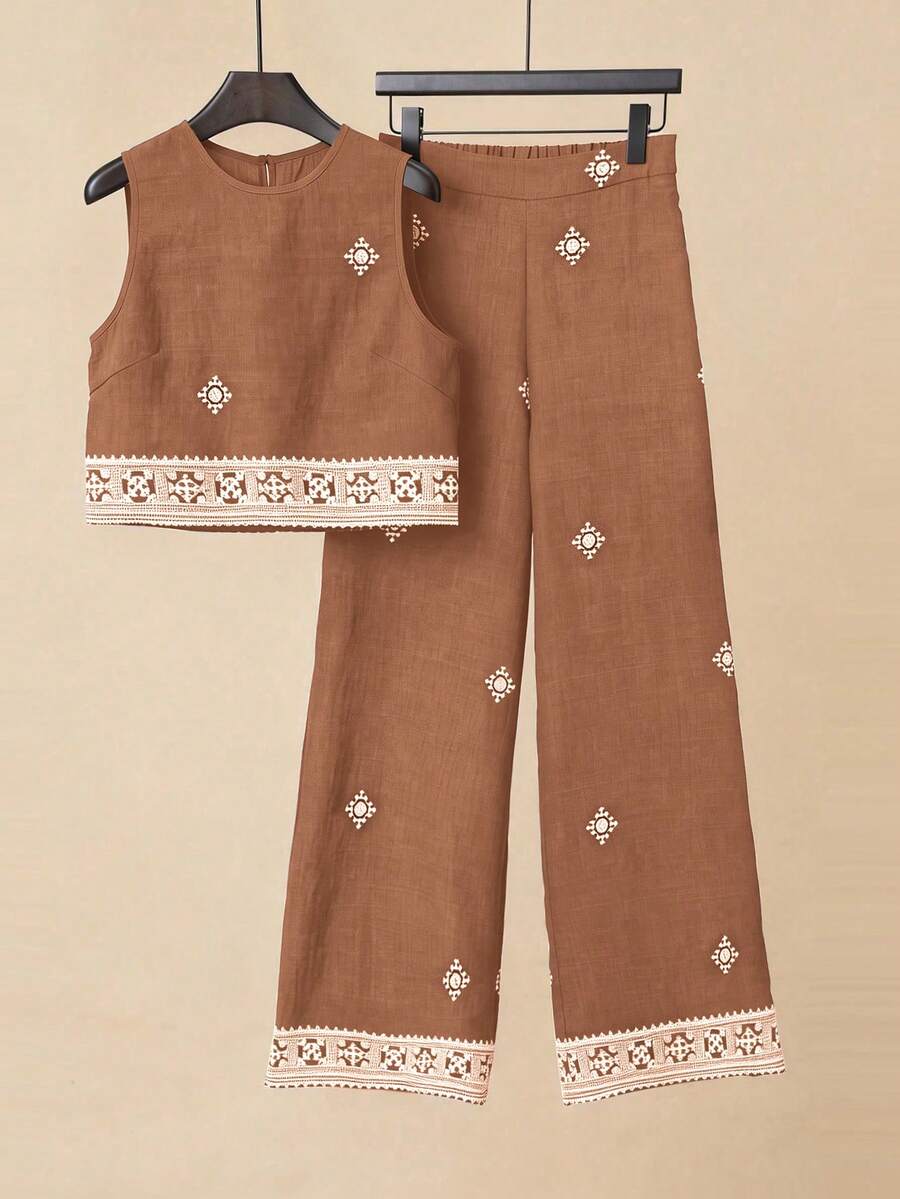 Franclia Conjunto de 2 piezas de camisola holgada y pantalones rectos de pierna derecha con estampado digital jacquard para vacaciones informales - Caqui - Ver 1