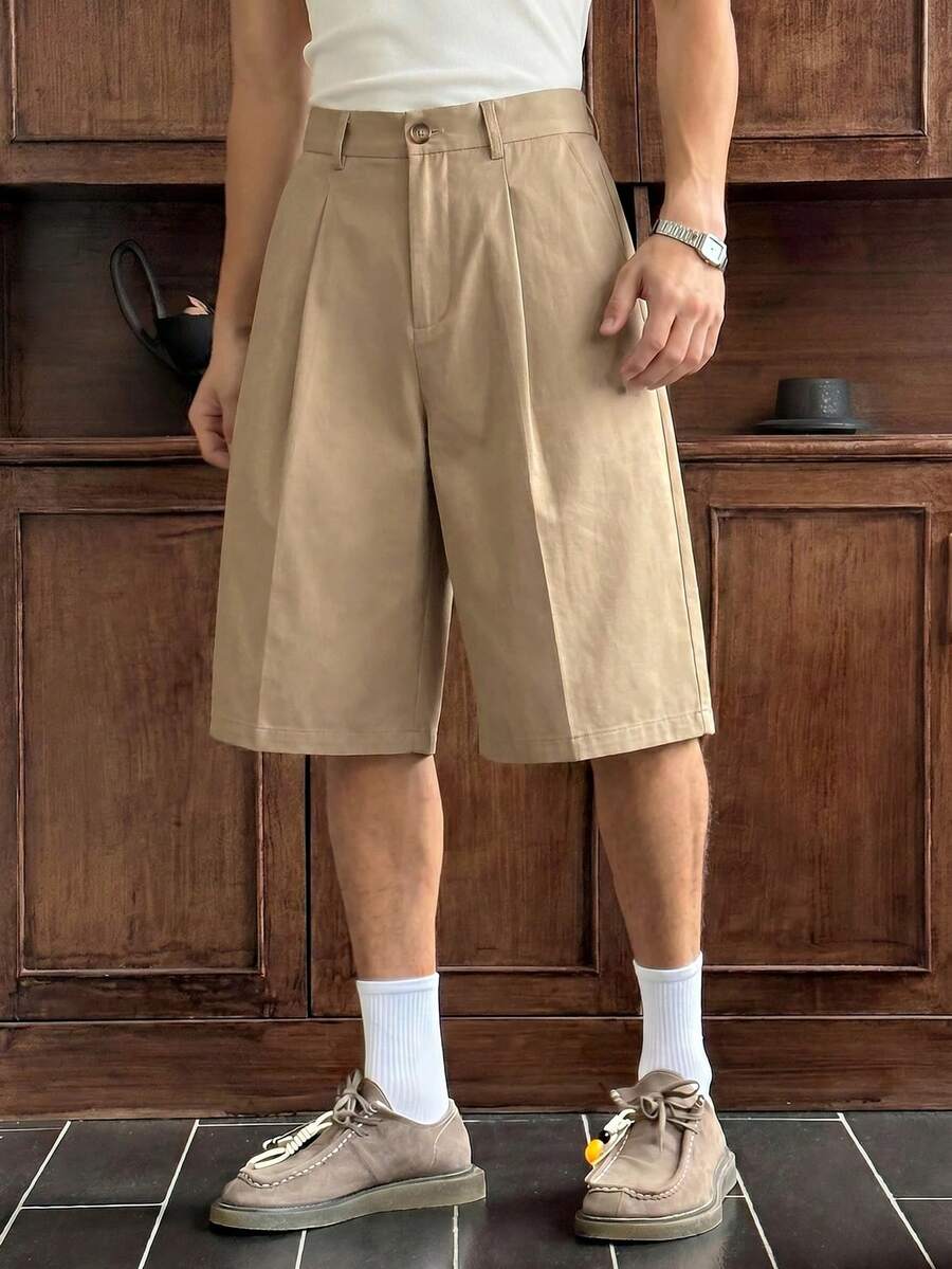 SWAVVY Men's Solid Color Pleated Casual Loose Shorts, Spring/Summer - Khaki - View 1