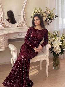 Modelyn Women's Fashion Autumn And Winter Banquet Party Princess Socialite Elegant Internet Celebrity Popular Dresses That Can Be Worn Daily. Super High Elastic Sequin Fabric Body Waist And Bodycon Long Dress, Fashionable Slimming Twist Design Dress, Red Dress Formal Dinner Dress, Christmas Dress Can Be Worn On Christmas, Special Back Design Silk Fabric Splicing Fashionable And Slim, Prom Evening Gown, For Wedding Guest, Graduation - Burgundy - View 2