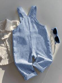 SHEIN Baby Boy Casual Cute Versatile Striped Cartoon Bear Pattern Bib Jumpsuit - Dusty Blue - View 2