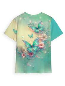 SHEIN Camiseta de manga corta de cuello redondo casual para mujer con estampado de mariposas y flores, para verano - Multicolor - Ver 2