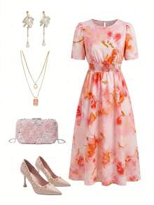 Ellevyn Floral Print Romantic Vacation Dress With Round Neck And Waist Cinching - Pink - View 4