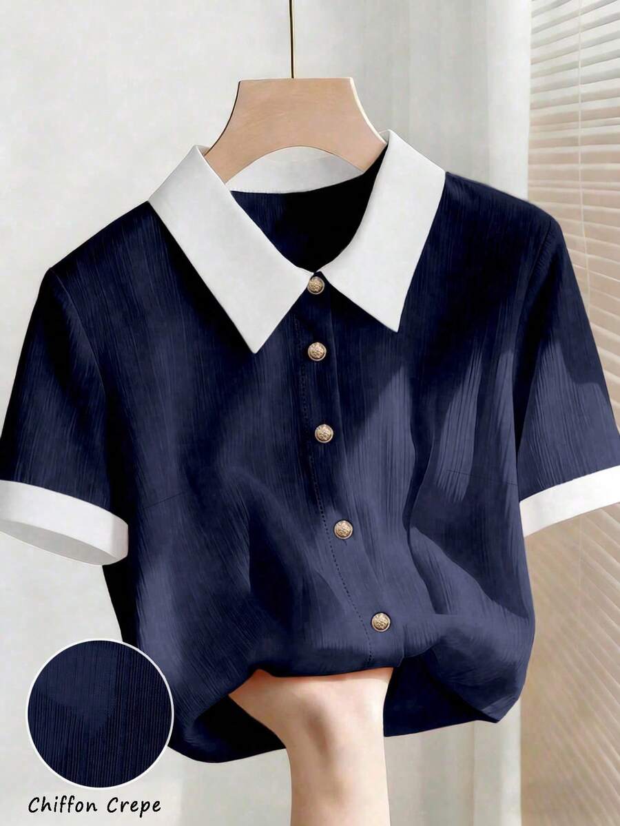 GlowEve CURVE 女款夏季休閒 Polo 領短袖優雅深藍色大尺碼襯衫上衣 - 藍色 - 查看 1