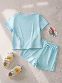 Nick 90s | SHEIN Bộ áo thun và quần short in hình hoạt hình cho bé trai - Màu xanh lam - Xem 2